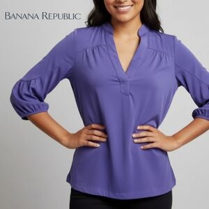 🟣 XS/S Banana Republic Women's Purple V-Neck Blouse 3/4 Sleeves